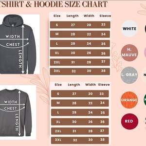 May include: A size chart for sweatshirts and hoodies, with measurements in inches. The chart includes sizes S to 3XL, with length, width, and sleeve measurements. Color options are displayed in circles, including white, black, pink, and more.