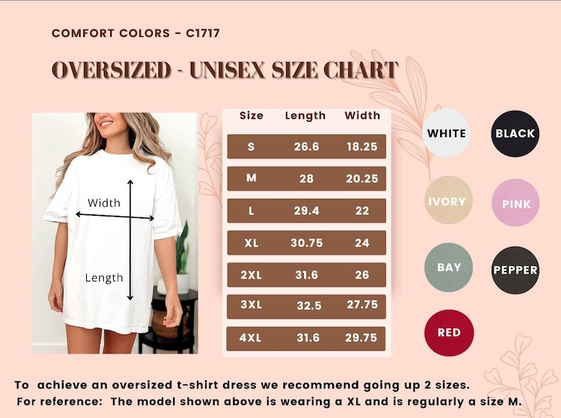 Peut inclure: Tableau des tailles pour t-shirt unisexe surdimensionn&eacute; avec des mesures en pouces. Le tableau indique la longueur et la largeur du t-shirt dans les tailles S, M, L, XL, 2XL, 3XL et 4XL. Le tableau comprend &eacute;galement des options de couleur&nbsp;: blanc, noir, ivoire, rose, baie, poivre et rouge.
