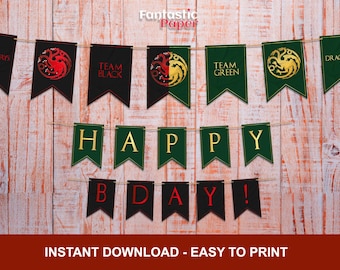 May include: A black and green banner with the words "Happy Bday!" and images of dragons. The banner also includes the words "Team Black", "Team Green", "Dracarys", and "Acaryas".