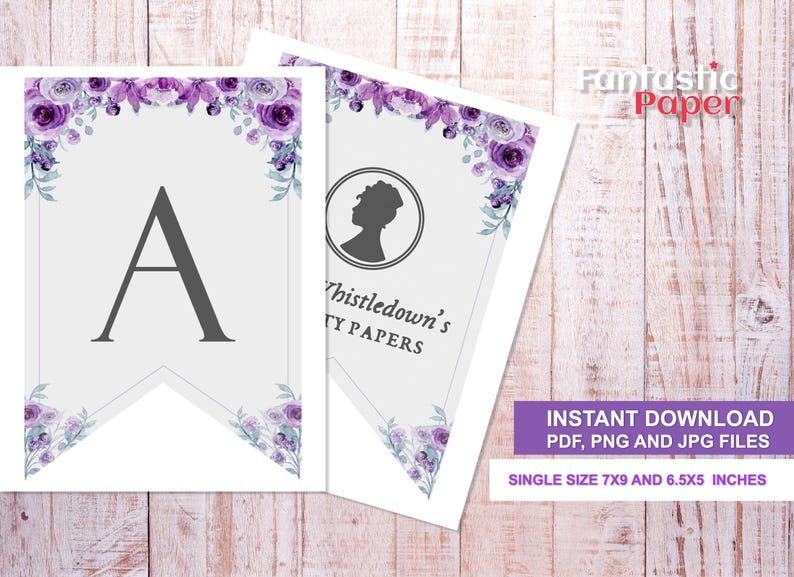 May include: Purple floral printable banner with the letter A and the text "Thistledown's Society Papers". The banner is 7x9 inches and 6.5x5 inches.