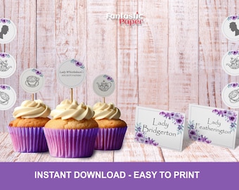 Bridgerton Cupcake Toppers and food tent Printable | Stickers & Centerpieces | Perfect for Graduation, Birthday, Bridal Showers and More.