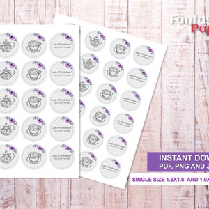 May include: Two sheets of printable stickers featuring a teacup and teapot design. The stickers are 1.6 inches by 1.6 inches and 1.9 inches by 1.9 inches. The text on the stickers reads "Lady Whistledown's Society Papers".