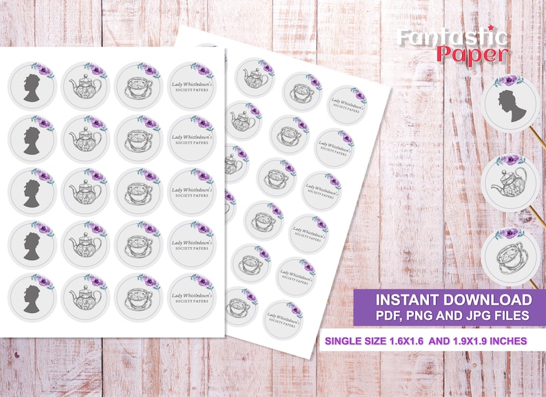 May include: Two sheets of printable stickers featuring a teacup and teapot design. The stickers are 1.6 inches by 1.6 inches and 1.9 inches by 1.9 inches. The text on the stickers reads "Lady Whistledown's Society Papers".