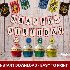 Potter Magical Wizarding Party Printable Bundle | Wizard House Banners | Cupcake Toppers | Ideal for Graduation and Birthday Celebrations