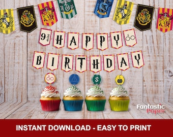 Potter Magical Wizarding Party Printable Bundle | Wizard House Banners | Cupcake Toppers | Ideal for Graduation and Birthday Celebrations