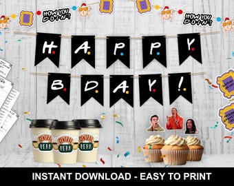 Friends Party Dekorationen Bundle | Banner, Toppers, Spiele (Digitaler Download)