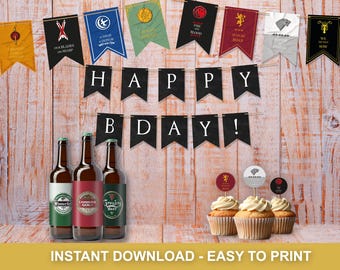 May include: A Game of Thrones themed birthday party banner with black flags that read "HAPPY BDAY!" and a set of 3 beer bottle labels with the words "Winterfel", "Lannister Gold", and "Tully Beer".