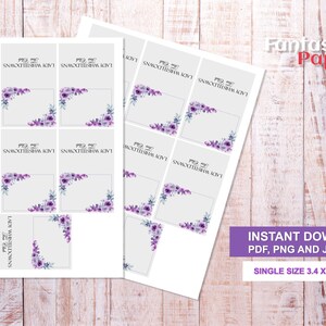 May include: Printable digital download of 12 place cards featuring a purple floral design. Each card measures 3.4 inches by 2.6 inches. The text on the cards reads "Lady Whistledowns".