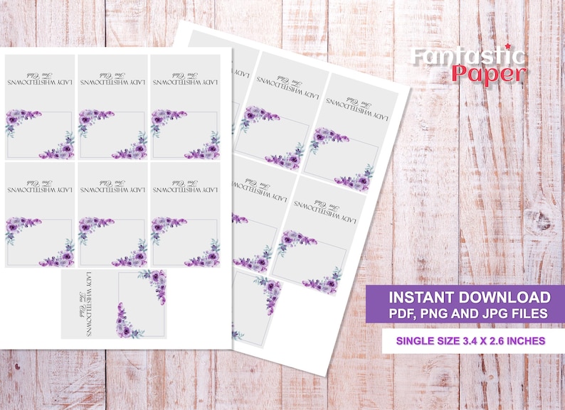 May include: Printable digital download of 12 place cards featuring a purple floral design. Each card measures 3.4 inches by 2.6 inches. The text on the cards reads "Lady Whistledowns".
