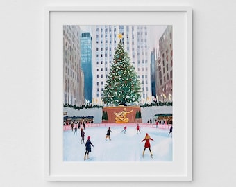 Rockefeller Center Christmas Painting: NYC Ice Skating Print (Digital Download)