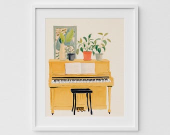 May include: Watercolor painting of a yellow piano with a black bench. The piano has an open music sheet and is decorated with potted plants and a framed botanical print. The artwork is framed in a white border.