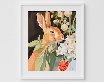 Whimsical Rabbit Strawberry Print – Farmhouse Animal Art (digital
