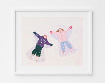 May include: Two children making snow angels in the snow. The girl is wearing a pink jacket and the boy is wearing a purple jacket.