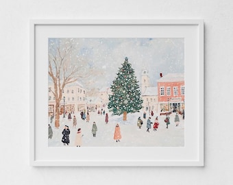 May include: A watercolor painting of a snowy town square with a large Christmas tree in the center. People are gathered around the tree, and there are buildings in the background. The sky is a light blue, and there are snowflakes falling.