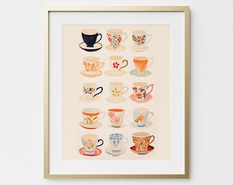 Vintage Tea Cup Art Print: Colorful Kitchen Wall Decor (Digital Download)