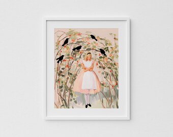 Girl with Black Birds Art Print: Colorful Pastel Girl's Room (Digital Download)
