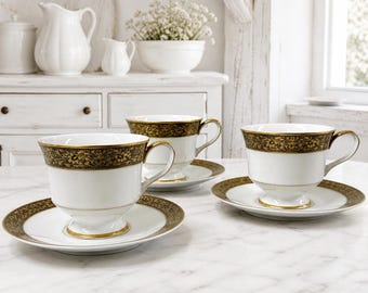 Set di 3 tazze e piattini con piedistallo Sango Hampton 3758, filigrana dorata, Giappone - Menta