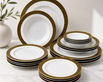Conjunto completo de porcelana Sango Hampton 3758, 20 peças, com detalhes em ouro, fabricado no Japão - Impecável (vintage)