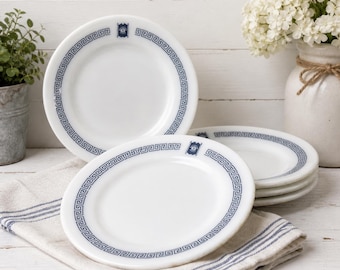 Vintage set van 4 Pyrex Bradford-melkglazen blauwe Griekse sleutel 7" saladeborden