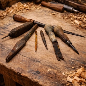 May include: A collection of vintage woodworking tools, including chisels and awls, arranged on a weathered wooden surface. The tools have wooden handles and metal blades, showing signs of age and use. Wood shavings are scattered around the tools.