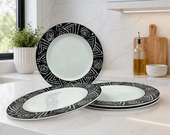 Platos llanos Delco Royal Porcelain de 30 cm (12 pulgadas), diseño tribal en blanco y negro, juego de 4 piezas, estilo vintage.