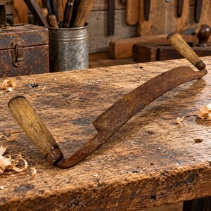 Op de afbeelding: Een vintage trekmes met een lang, gebogen metalen blad met een zware bruine roestpatina. Het gereedschap heeft twee cilindrische houten handvatten aan beide uiteinden, die tekenen van slijtage vertonen met een lichtbruine afwerking.