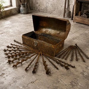 May include: A weathered, rectangular metal toolbox with a hinged lid stands open. Arranged in a semi-circular fan pattern in front of the box are numerous rusted metal auger drill bits of varying lengths and spiral diameters.