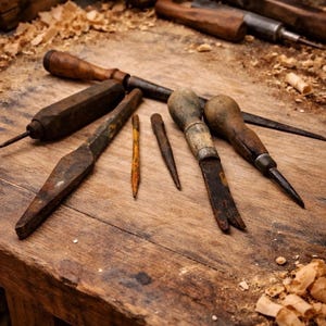 May include: A collection of vintage woodworking hand tools with weathered wooden handles and rusted metal blades, including chisels, awls, and punches, arranged on a worn wooden workbench covered in scattered wood shavings and debris.