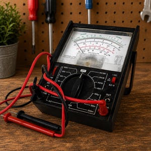 May include: A black analog multimeter with a white display screen featuring black and red scales, labeled Micronta. The device includes a central black rotary dial, red and black test leads, and various input ports for electrical measurements.
