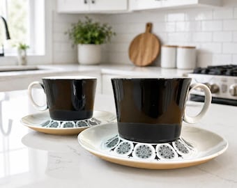 Juego de taza y platillo FMS Fashion Manor Midnight Snow (2) Japón MCM Black Floral China