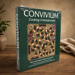 Pode incluir: Um jogo de tabuleiro em caixa intitulado "CONVIVIUM Cooking Entertainment". A caixa é verde escuro com texto branco e um design de tabuleiro em tons de castanho, verde e vermelho. A descrição do jogo está impressa na caixa.