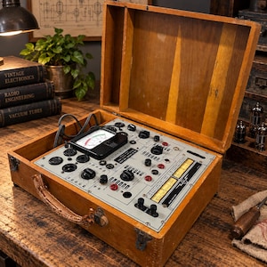 May include: A vintage electronic valve tester housed in a wooden carrying case with a hinged lid. The device features a light grey control panel with black knobs, red and black input jacks, a central analogue meter, and two illuminated yellow scales.