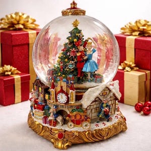May include: A decorative Christmas snow globe featuring a central tree, a nutcracker, and a ballerina figure. The base includes a clock face, a carriage, and miniature buildings. The globe is surrounded by red gift boxes with gold ribbons.