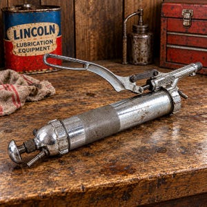 May include: A vintage Lincoln metal grease gun featuring a cylindrical body with a textured grip, a long lever handle, and a threaded nozzle. The tool displays a metallic finish with visible signs of wear and the brand name Lincoln embossed on the side.
