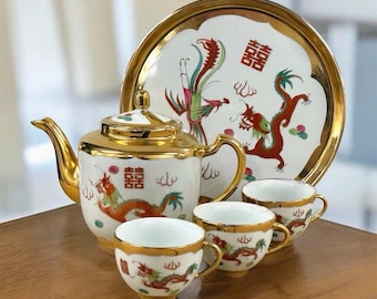 Vintage porseleinen theeservies met Chinese draak Phoenix Double Happiness