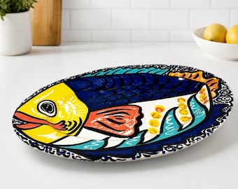 Vintage Homer Laughlin Big Fish Oval Servierplatte 15,5 ''Handgemalt