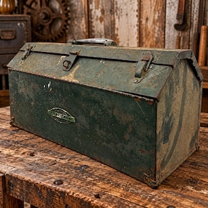 Vintage Craftsman Hip Roof Tombstone Split Top Steel Toolbox 17 3/4” - industrial Decor