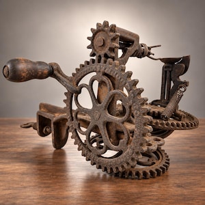 May include: A vintage cast iron apple peeler featuring a large central gear, a smaller top gear, and a dark wooden handle. The mechanical device includes a metal clamp base, a coiled spring, and a series of interlocking teeth for operation.