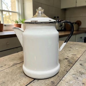 Vintage White Enamelware Drip Coffee Pot Camp Coffee Pot 9.5” Farmhouse Kitchen mid century