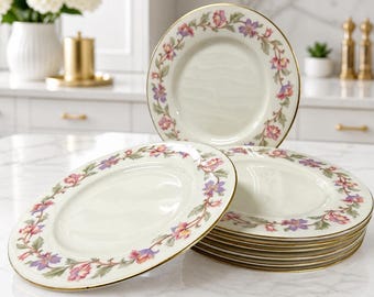 Platos de ensalada Castleton Fantasy de 21,3 cm (8 3/8”) con borde dorado floral, fabricados en EE. UU., juego de 8 unidades, estilo vintage.