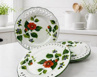 Juego de 4 platos llanos Brunelli Italy Tiffany Floral con borde perforado de 26,7 cm (10,5 pulgadas), estilo vintage.