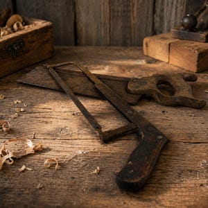 Op de afbeelding: Een antieke houtbewerkingsscène met een roestige figuurzaag, een handzaag en een houten kist vol houtkrullen. De gereedschappen liggen op een verweerd houten oppervlak, met een rustieke, vintage esthetiek.