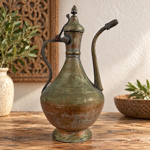 May include: A weathered metal ewer with a bulbous body, a long curved spout, and a hinged lid. The surface features a mix of oxidized green patina and exposed copper tones, with a slender handle attached to the neck and a flared circular base.