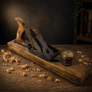 May include: A vintage wooden hand plane featuring a dark, weathered wooden body, a curved rear handle, and a rounded front knob. The central metal mechanism is oxidized and dark, with a visible blade assembly. Wood shavings are scattered nearby.