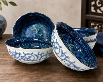 Vintage Chinese blauwwitte porseleinen schalen set 5 bloemenzegelteken 4,75"