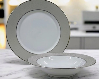 Juego de 2 piezas de bol y bandeja redonda para servir de porcelana fina Mikasa Parchment L3438