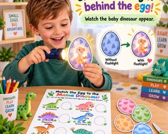 16 Dinosaur Egg Flashlight Reveal Activity | Mama and Baby Dinosaur Matching Game | Preschool Dinosaur Printable | Digital Download