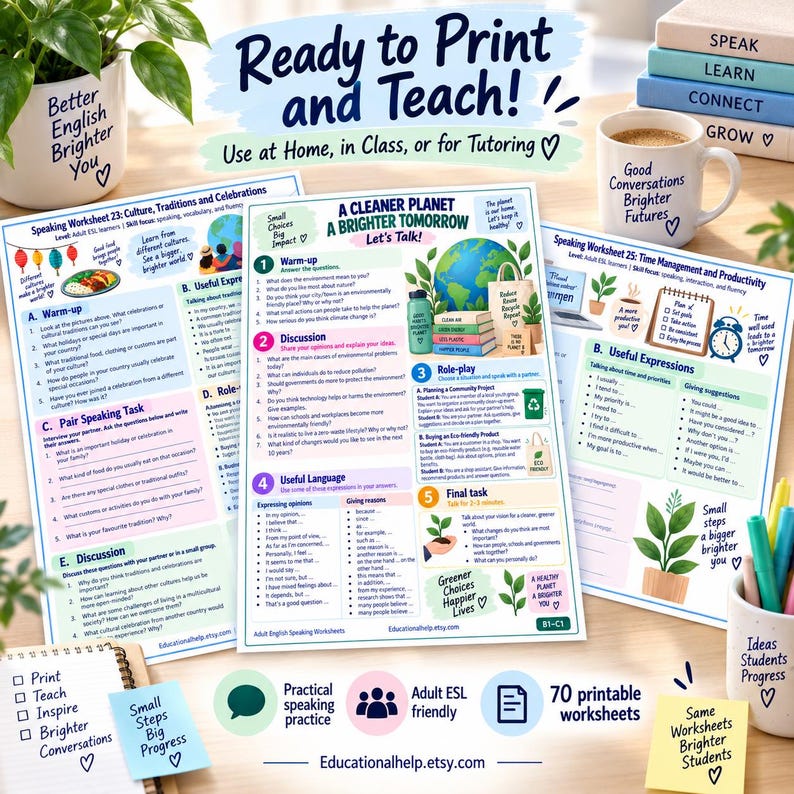 May include: Three educational English speaking worksheets for adults, titled A Cleaner Planet, Culture, Traditions and Celebrations, and Time Management and Productivity, displayed with mugs and stationery on a wooden surface.