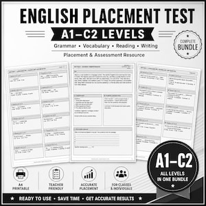 Può includere: Un pacchetto di test di posizionamento di inglese per i livelli A1-C2 con sezioni di grammatica, vocabolario, lettura e scrittura. Il documento include domande a scelta multipla, brani di comprensione del testo e risposte brevi.