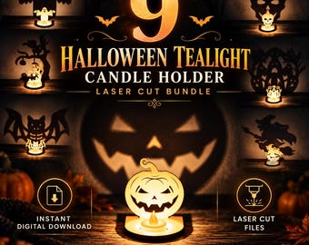 9 Halloween Tealight Candle Holder Laser Cut Files | Spooky Shadow Candle SVG DXF PDF Bundle | Halloween Laser Cut Decor | Digital Download